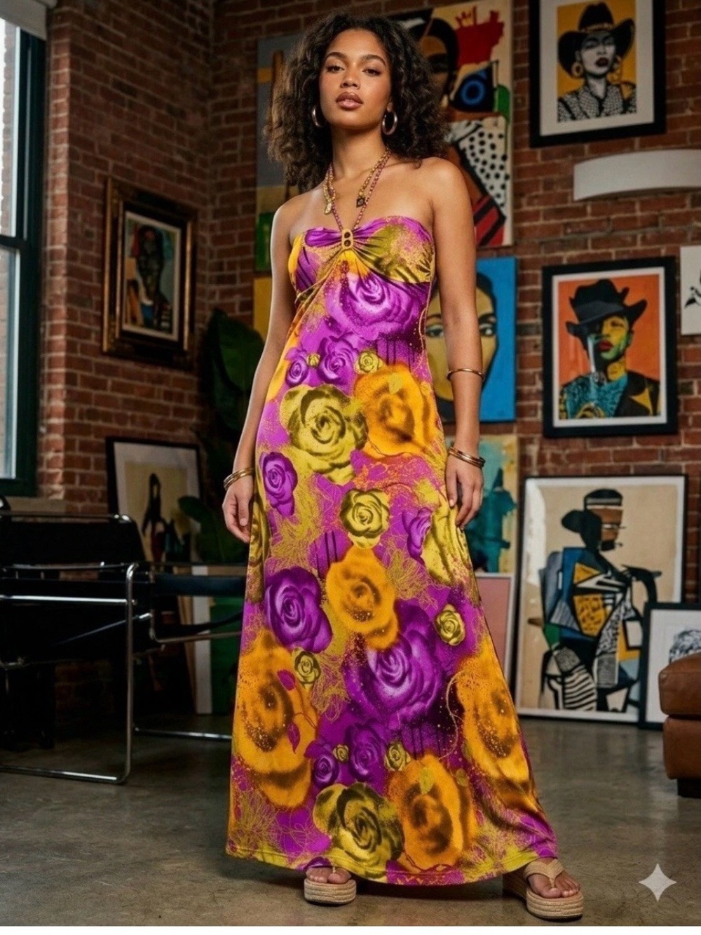 Rocawear Strapless Purple and Yellow Floral Maxi Dress